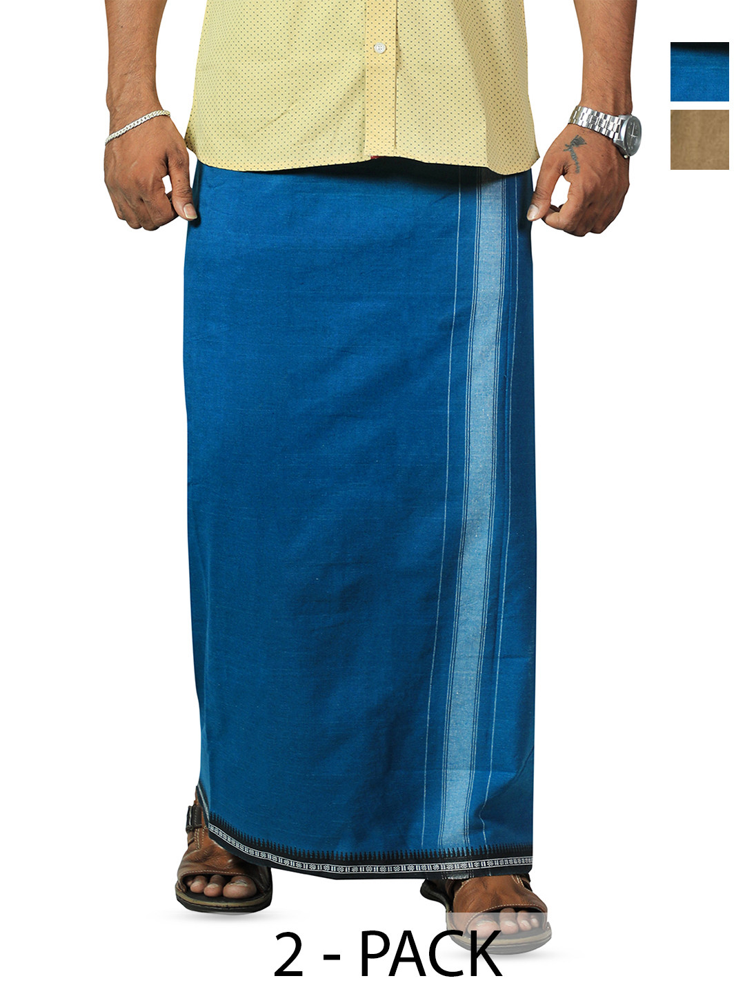 PRAKASAM COTTON Men Pack Of 2 Kerala Style Thalapathi Border Cotton Dhotis