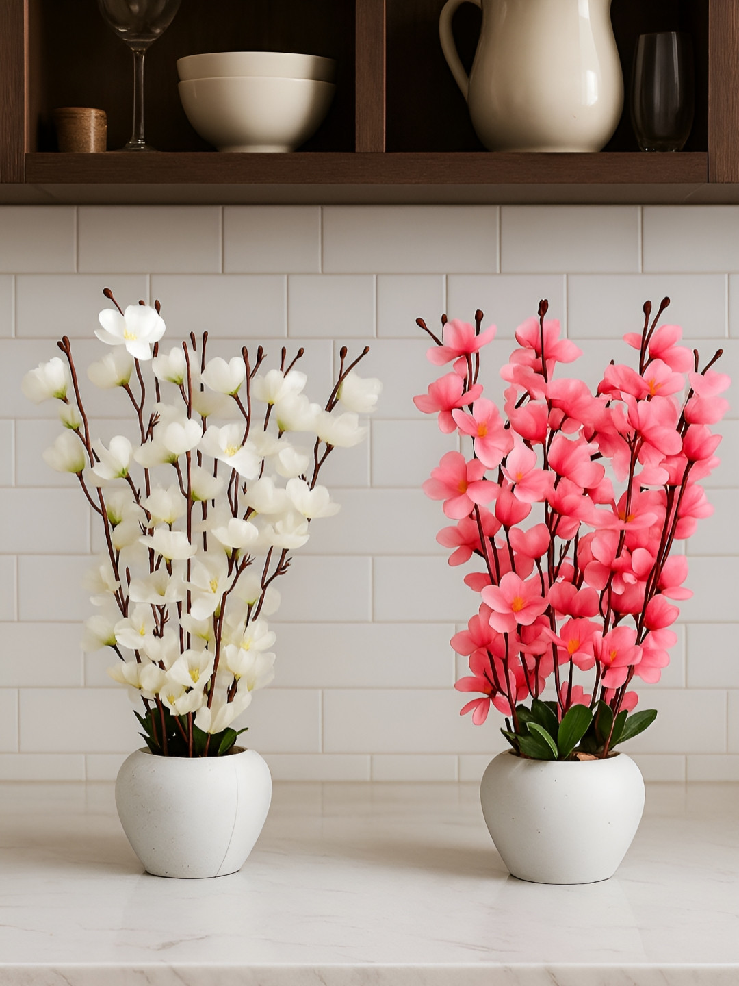 ARTSY 2 Pieces White And Pink Blossom Artificial Flower With Pot