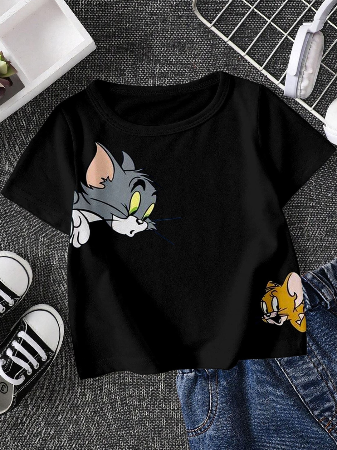 FIONAA TRENDZ Kids Black Tom & Jerry Printed Pure Cotton T-shirt