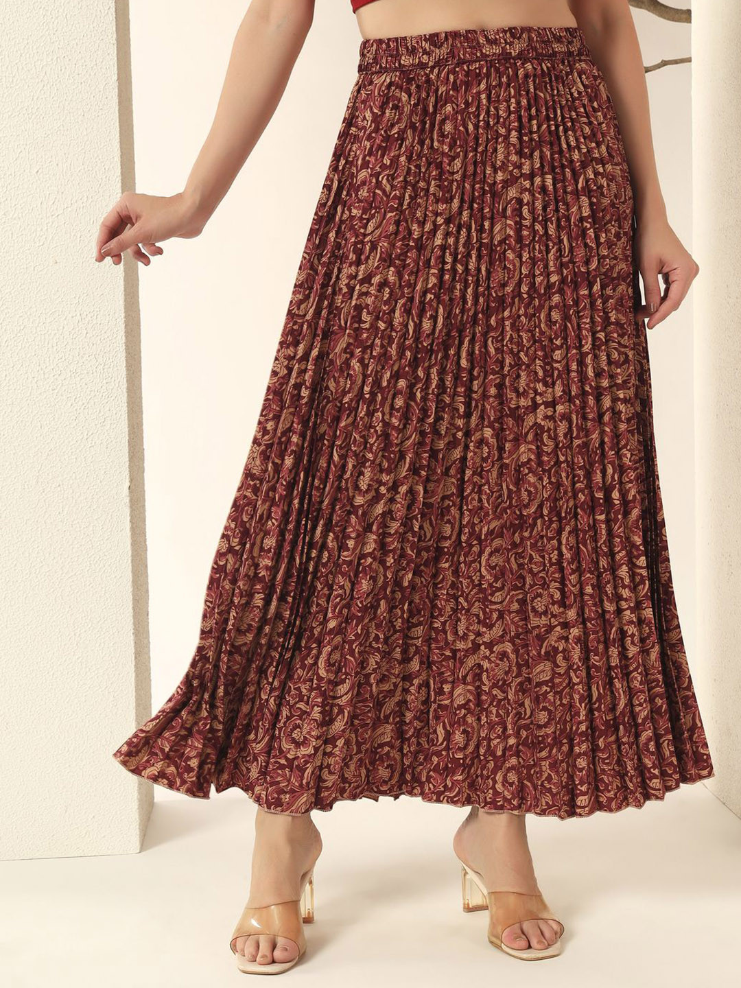 ZWERLON Floral-Printed Full-Length A-Line Pleated Skirt