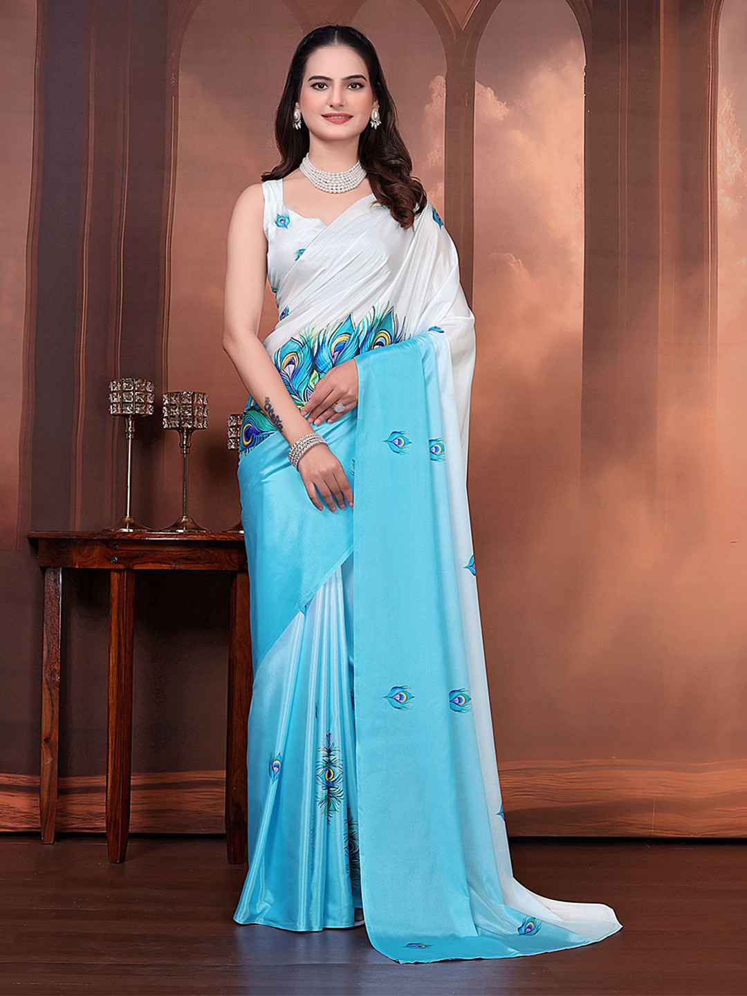 Pionex Floral Satin Block Print Saree