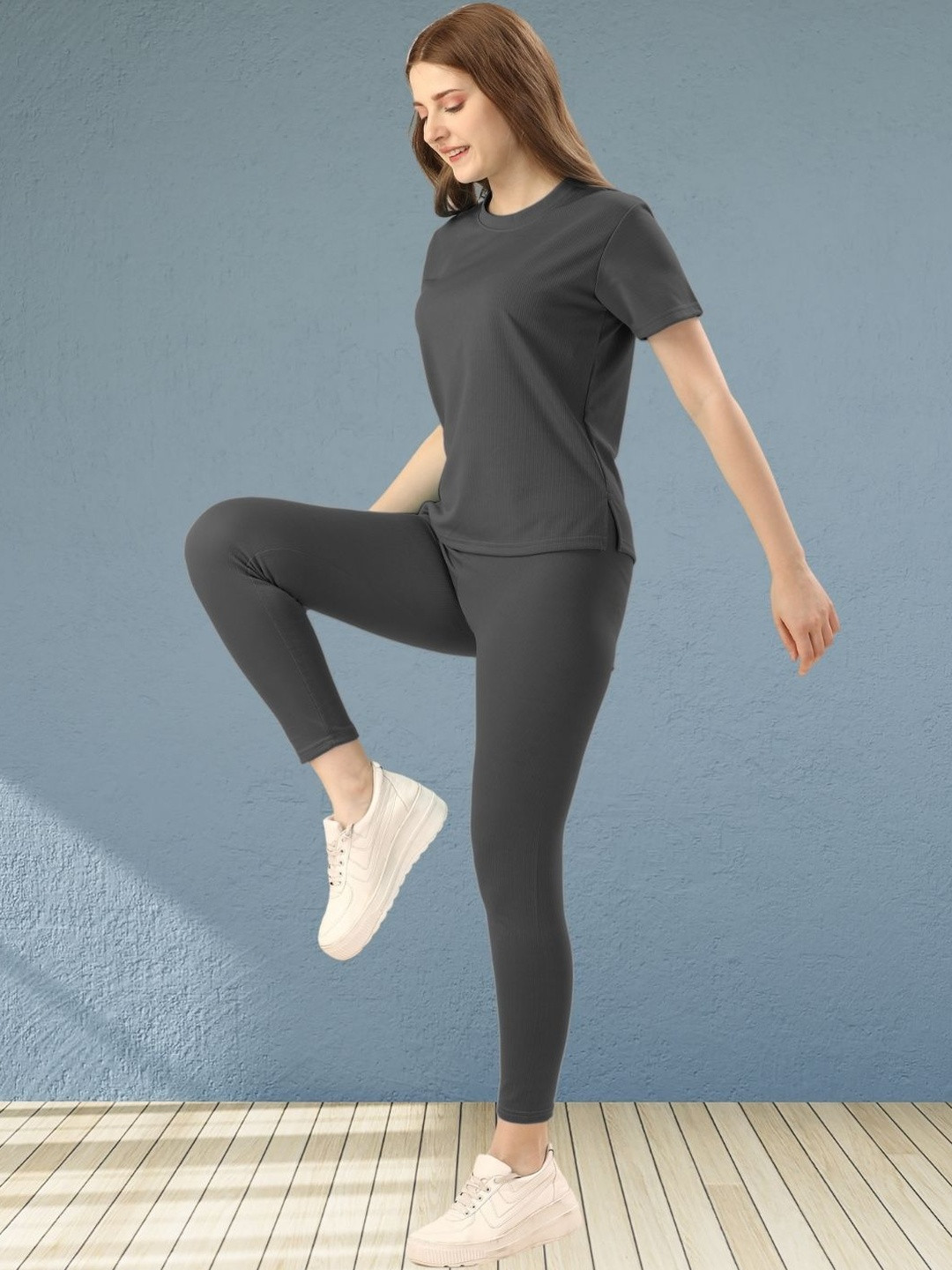 Moda Rapido Women Dark Grey Cotton Lycra Blend Styled With Solid Lining Tracksuit Co-ord