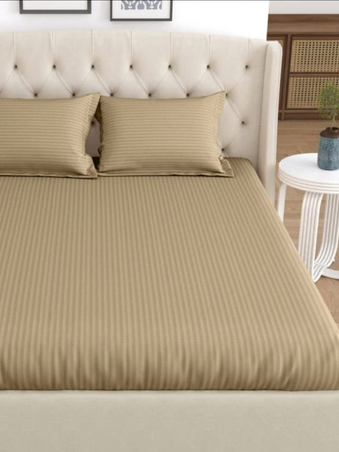 Hammer Home Khakhi Striped 300 TC Super King Size Bedsheet Set 2.74 m x 2.74 m