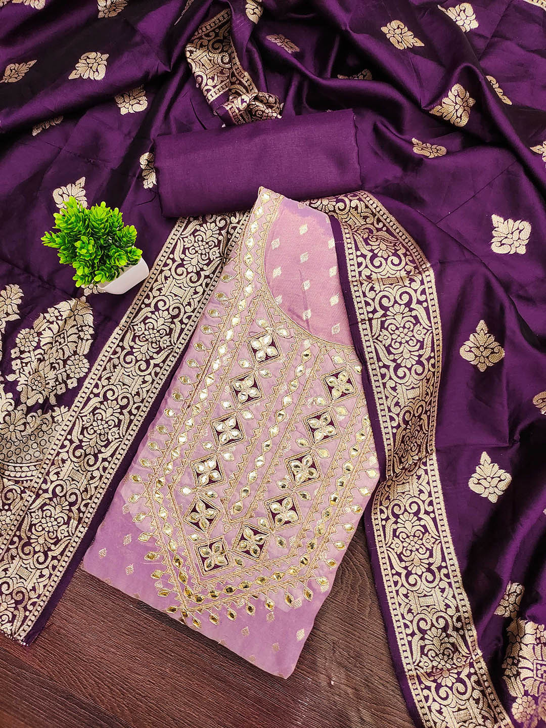 MANVAA Floral Woven Design Sequnnied Silk Chiffon Unstitched Dress Material