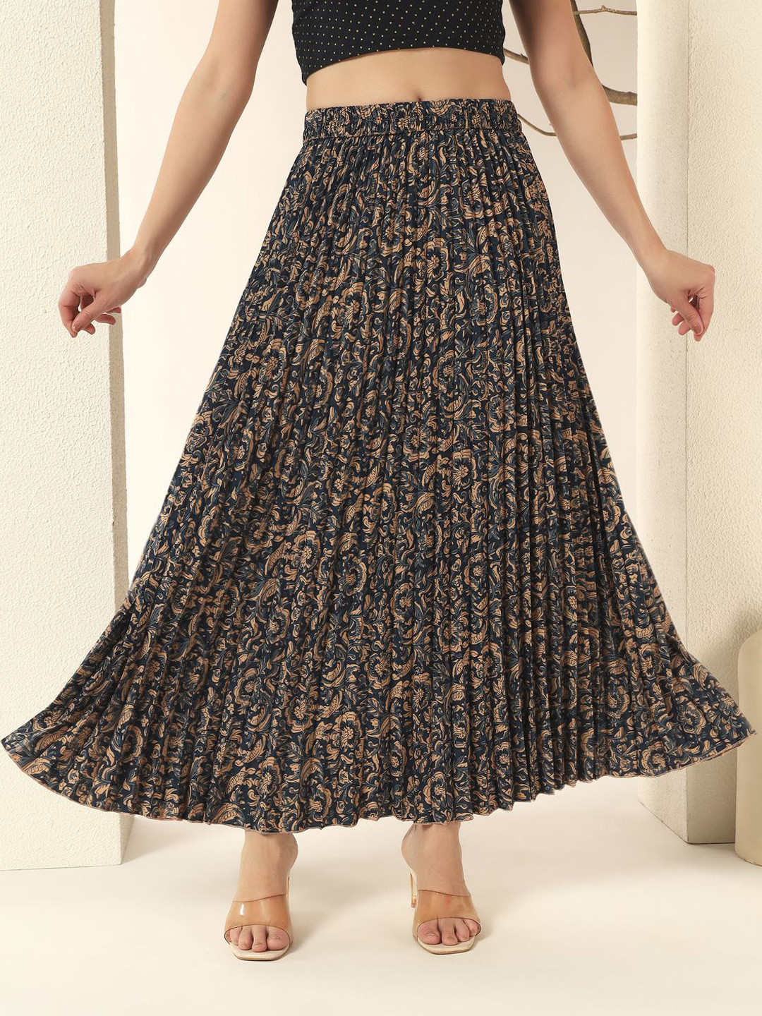 ZWERLON Floral-Printed Full-Length A-Line Pleated Skirt