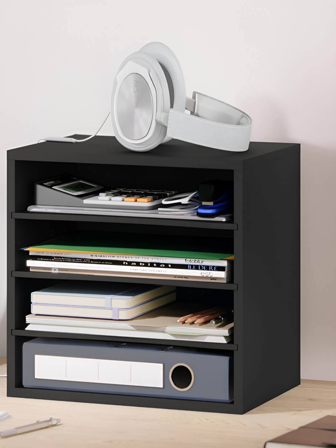 Home Sparkle Black Wood Desk Organiser