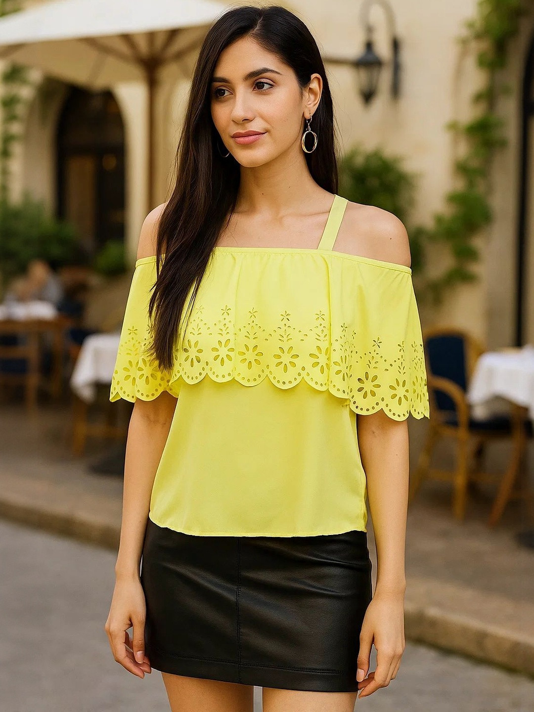 Moda Rapido Women Lime Green Solid Polyester Off-Shoulder Casual Top
