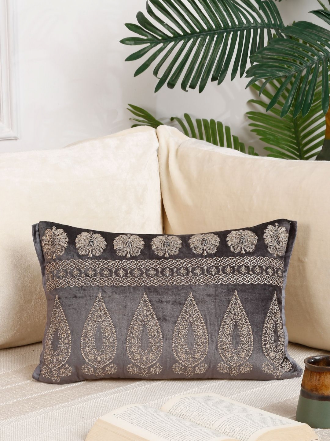 NISRAG HOME Grey & Beige Velvet Rectangle Cushion Covers