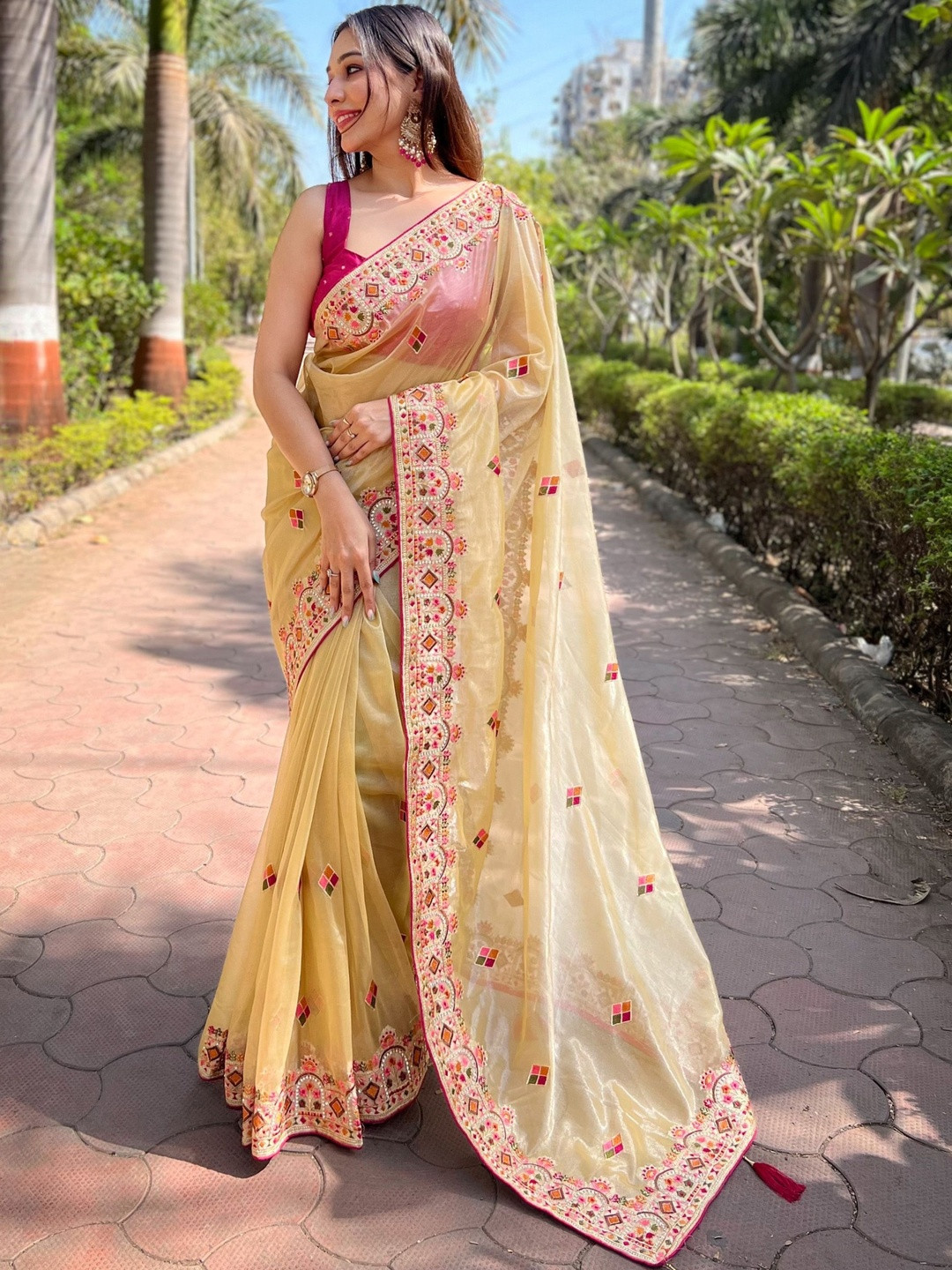 Anouk Yellow Embroidered Tissue  Sarees
