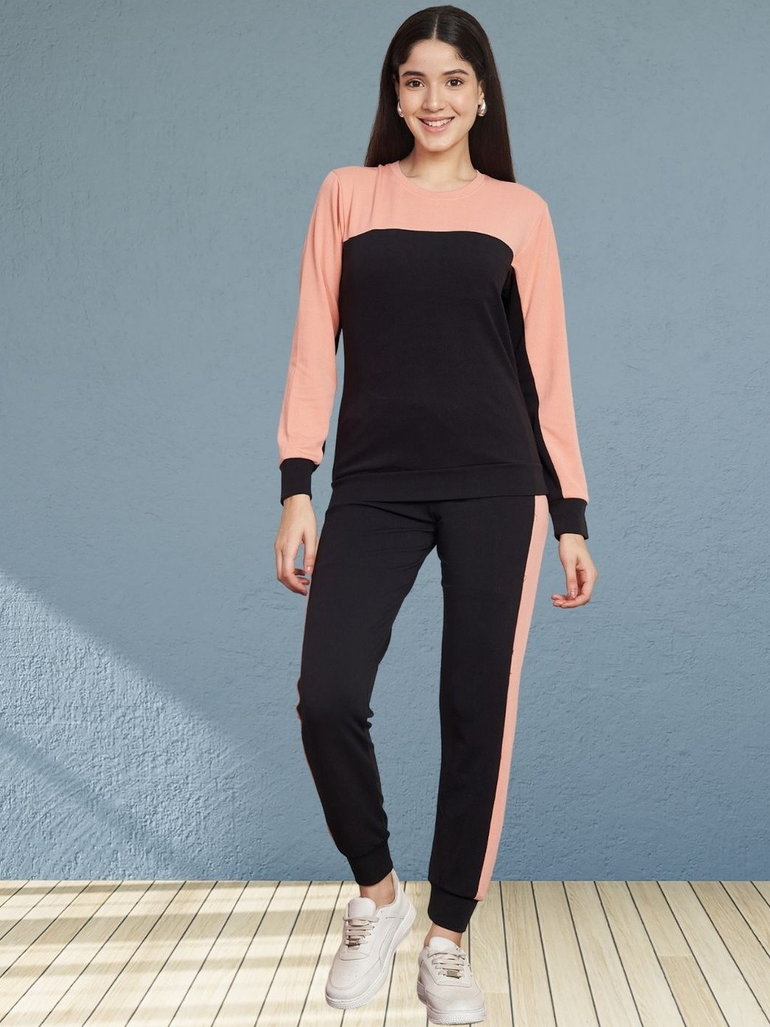 Moda Rapido Women Peach Cotton Lycra Blend Color Block Tracksuit