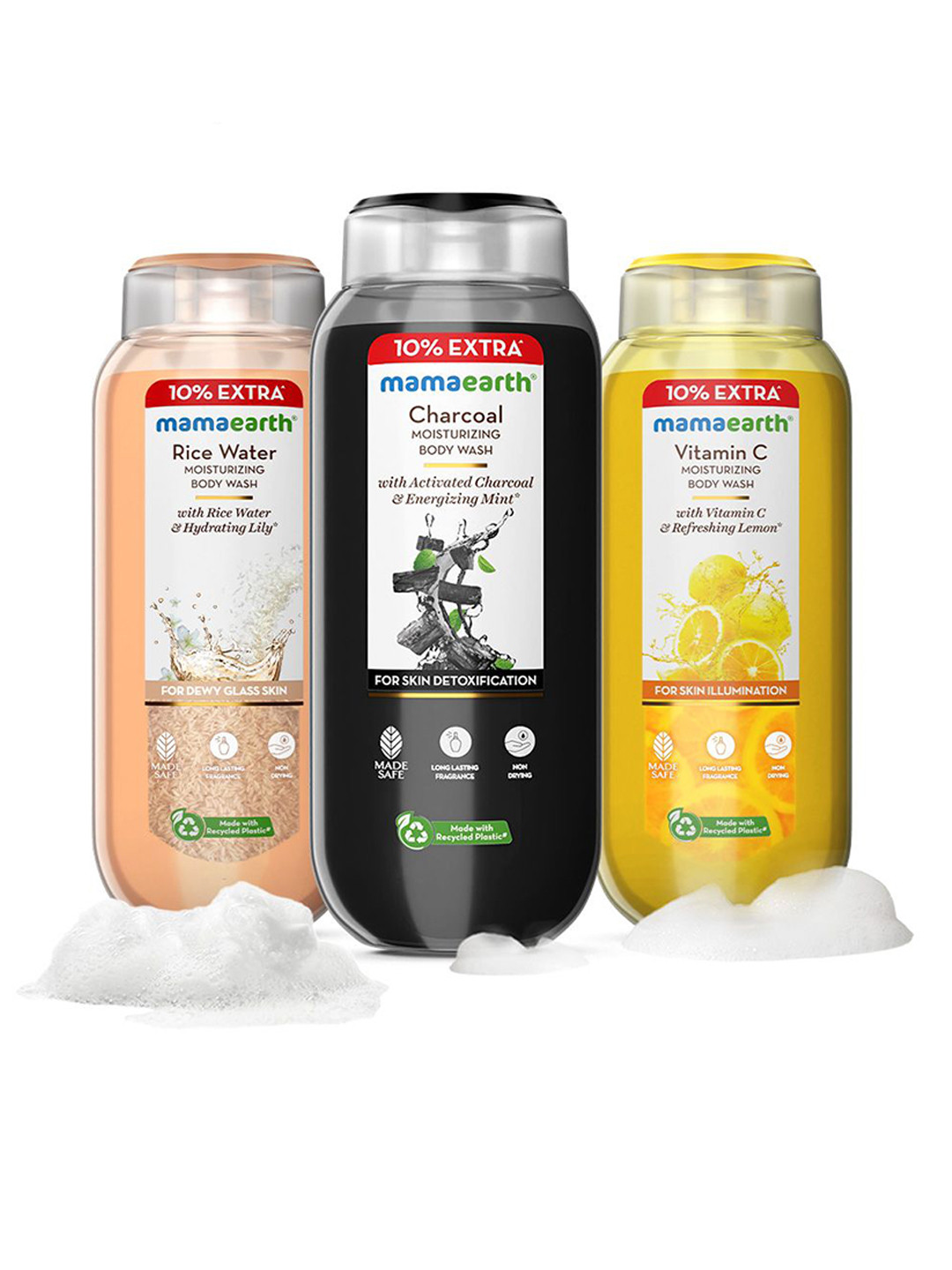 Mamaearth  Set Of 3 Charcoal, Rice Water & Vitamin C Body Wash - 275 ml Each