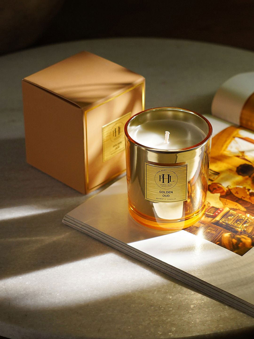 Pure Home and Living Oud Gold-Toned Printed Scented Wax Filled Candle Jar