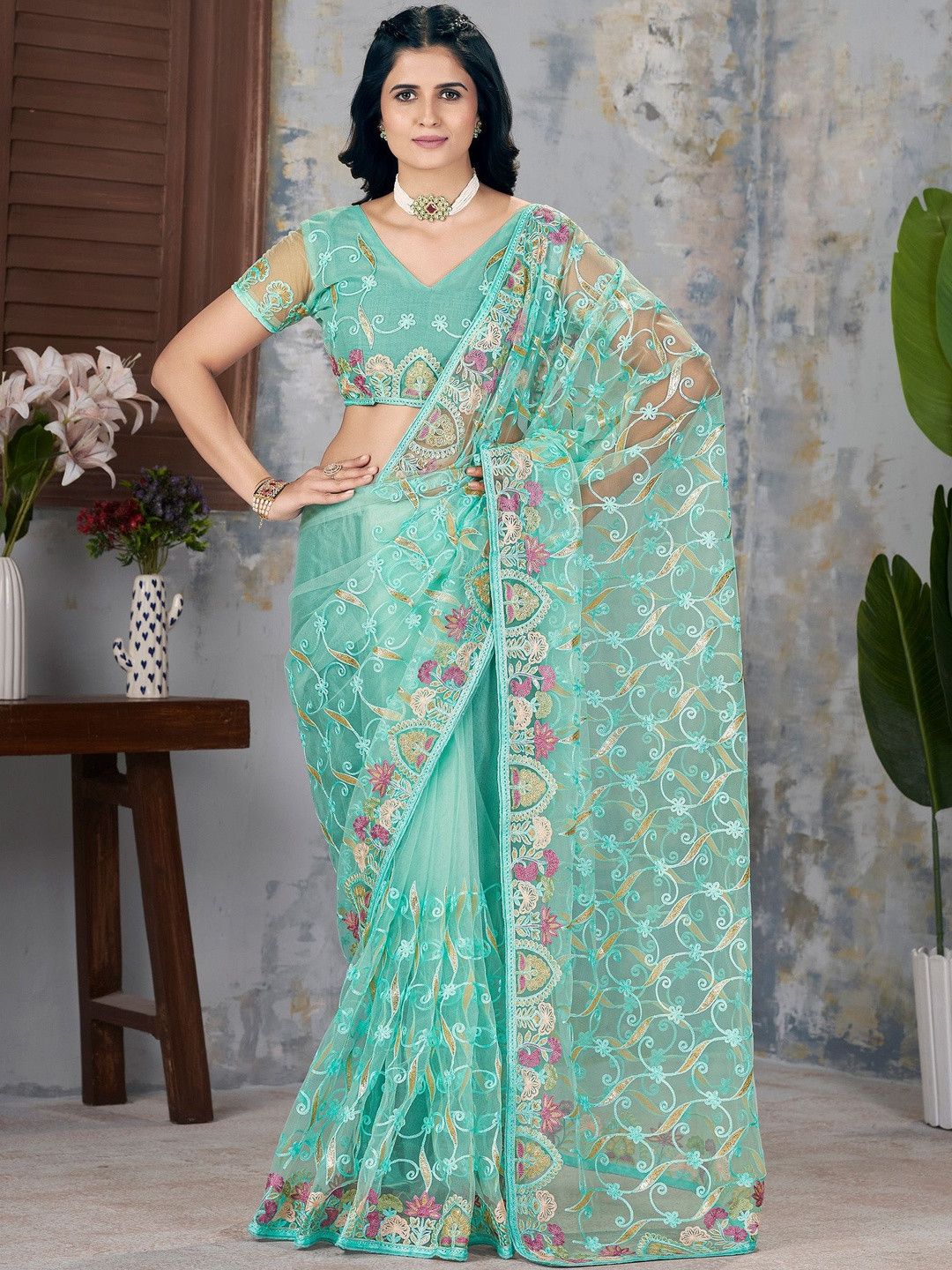 Anouk Sea Green Embroidered Net  Sarees