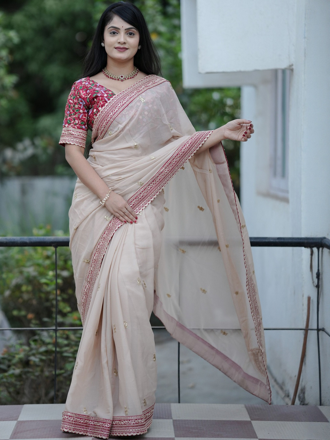 Anouk Nude Embroidered Pure Georgette  Sarees