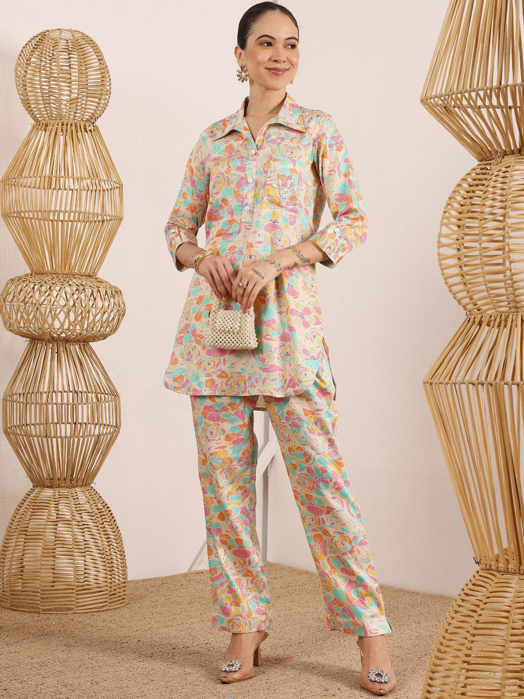 Lative Colours of Fashion Rabbta Embroiderd Polo Collar Pure Cotton Tunic With Trousers