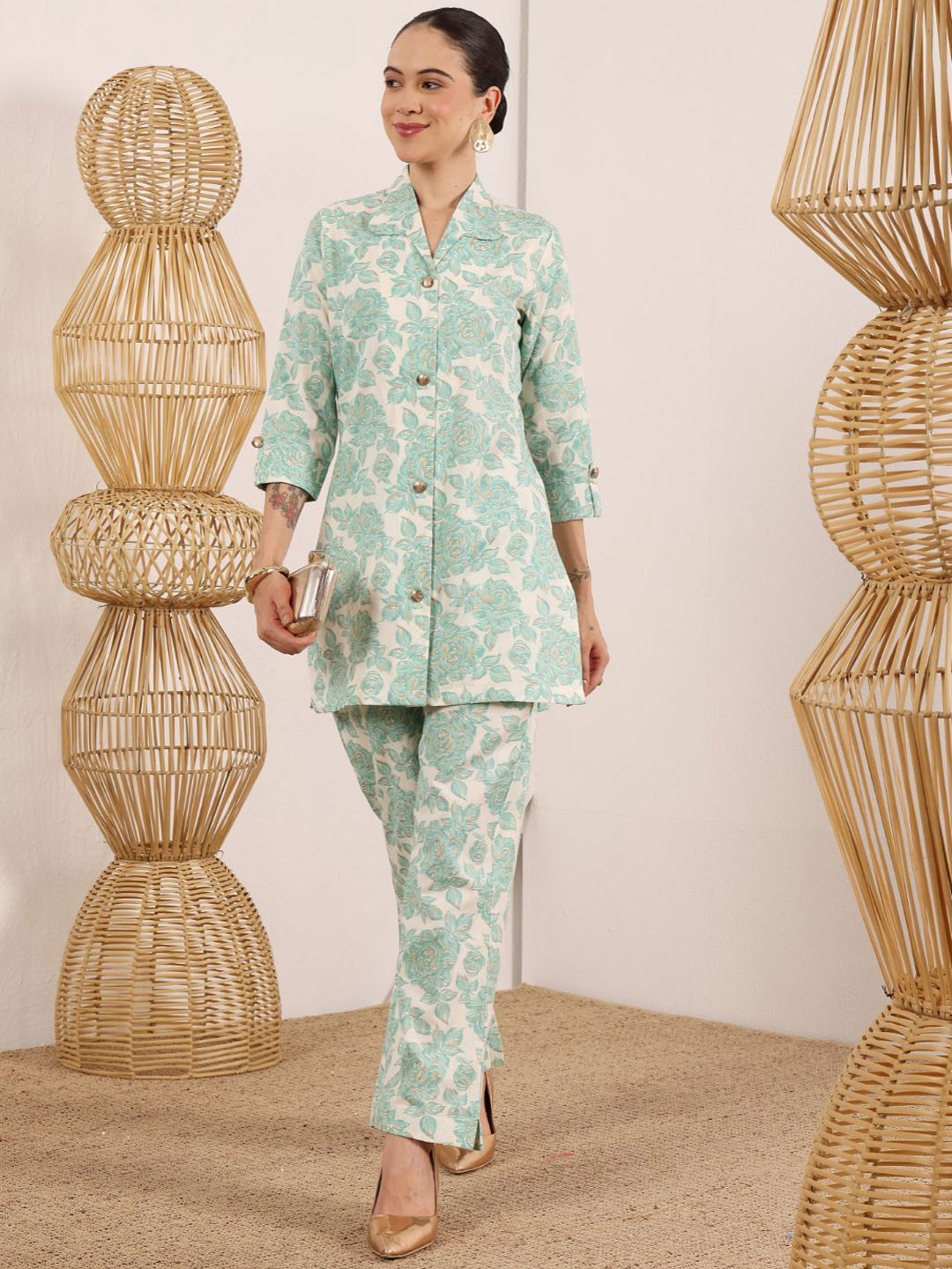 Lative Colours of Fashion Rabbta Printed Shirt Collar Linen Tunic With Trousers