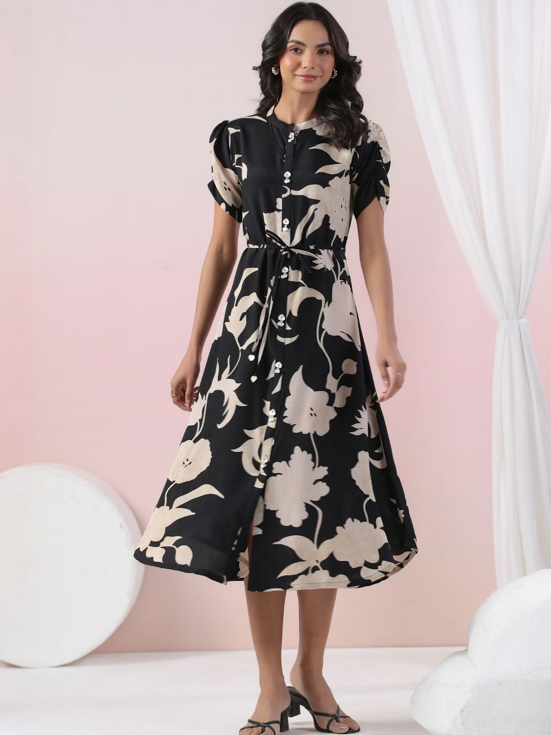 KALINI Women Black Printed Silk Fit and Flare Dresses