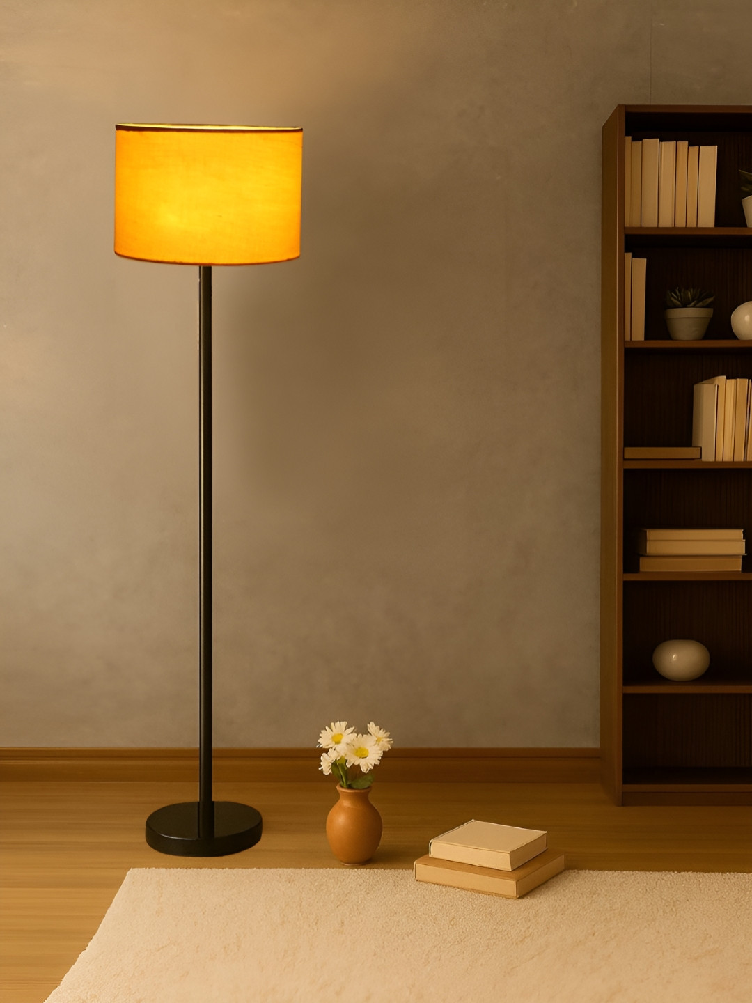 Devansh Yellow & Black Wooden & Cotton Cylinder Floor Lamp