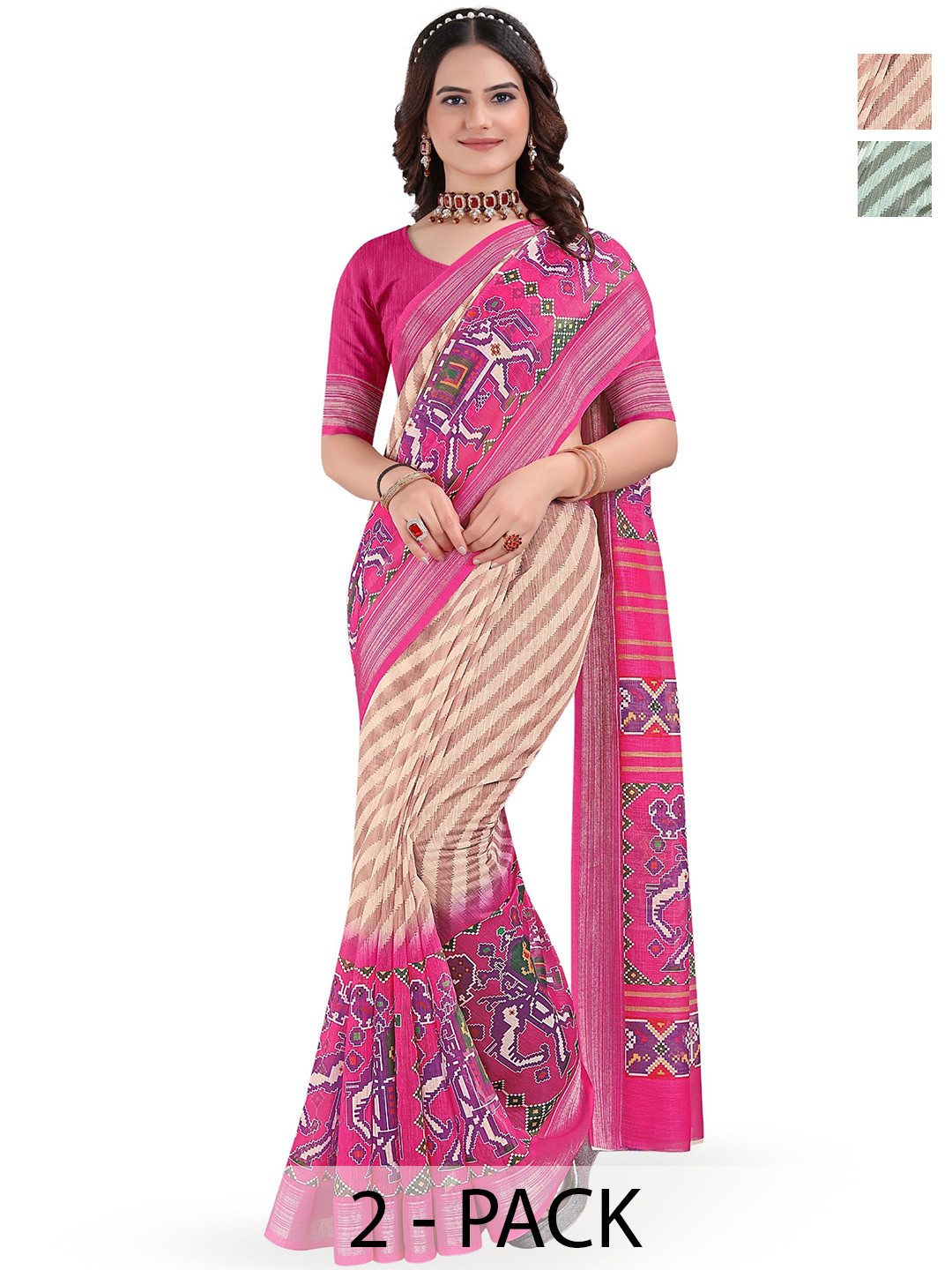 Kemza Pack Of 2 Striped Zari Sil Cotton Patola Sarees With Unstitched Blouse