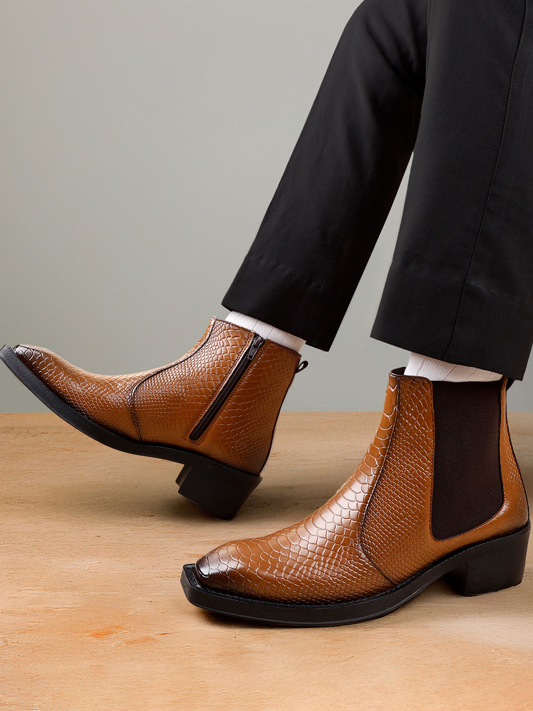 Bxxy Men's Textured 2-Inch Heel Height Increasing Chelsea Boots