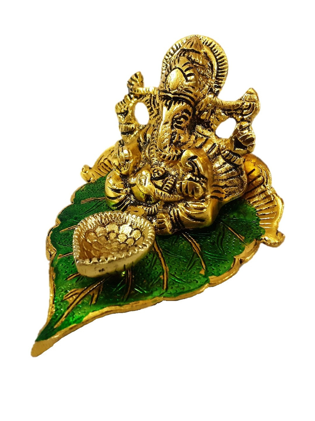 Afterstitch Multicoloured Ganesha On Leaf Decor Diya Idol Statue Showpiece