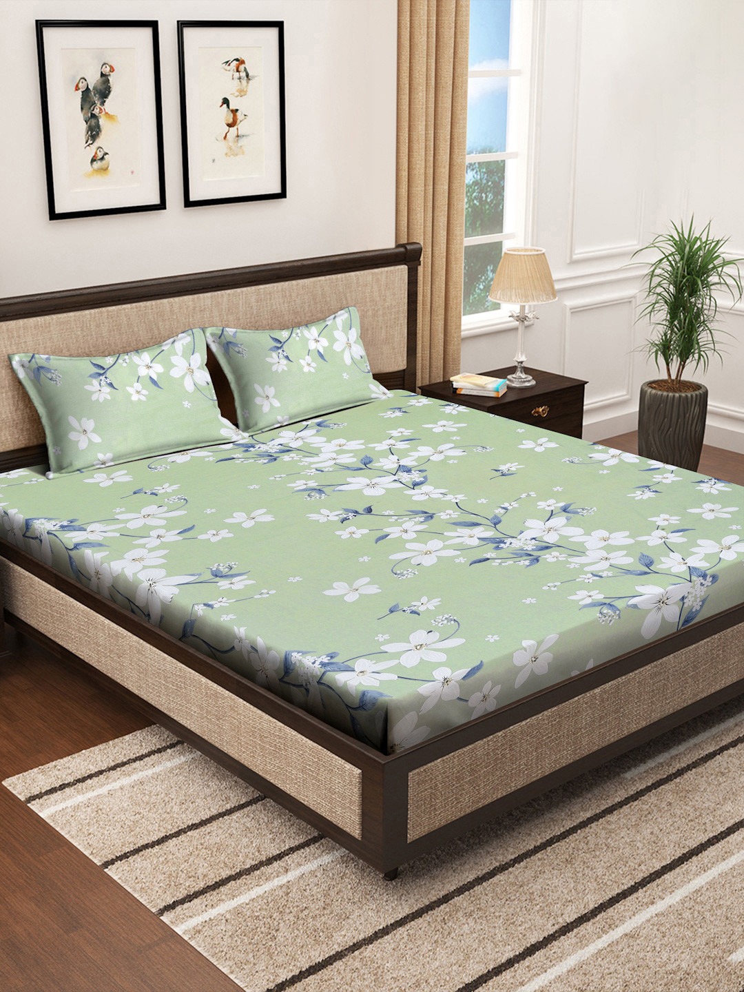 Myntra Elegant Homes Green Printed Pure Cotton 400TC Fitted King Bedsheet Set 2.5m x 2.25m