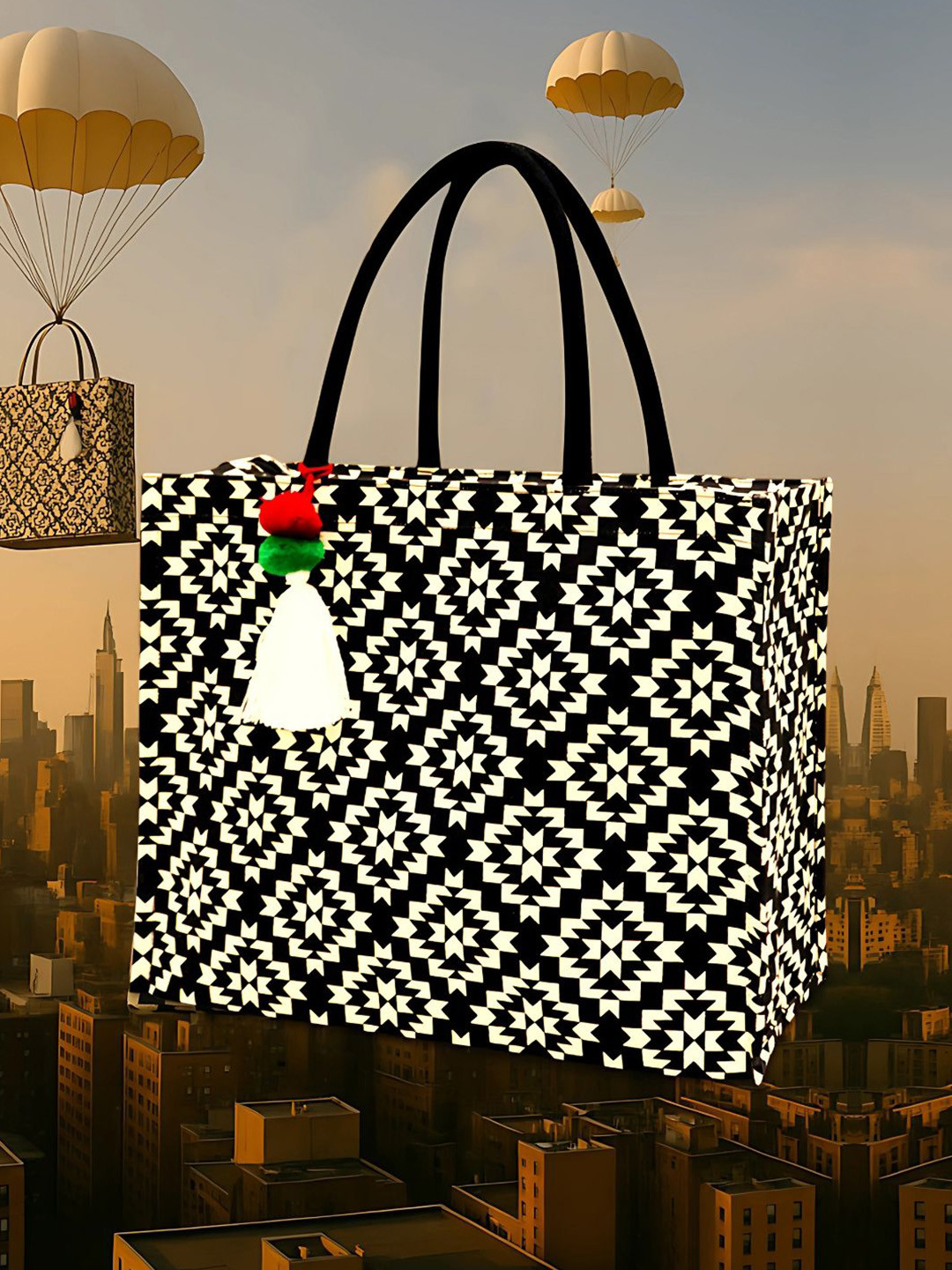 earthbags Women Geometric Printed Shopper Tasselled Tote Bag