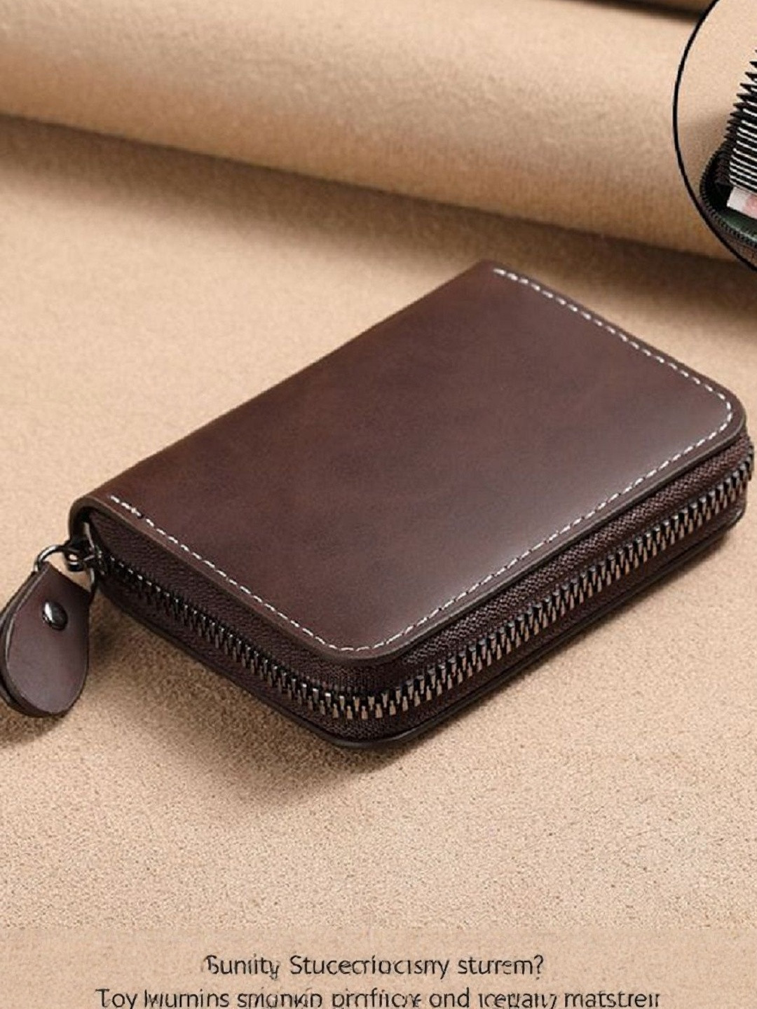 LAKSH Unisex Brown Solid Zip Detail Leather Card Holder