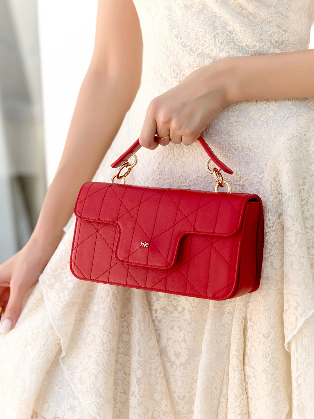 Hie Women Scarlet Quilted Sling Bag with Top Handle