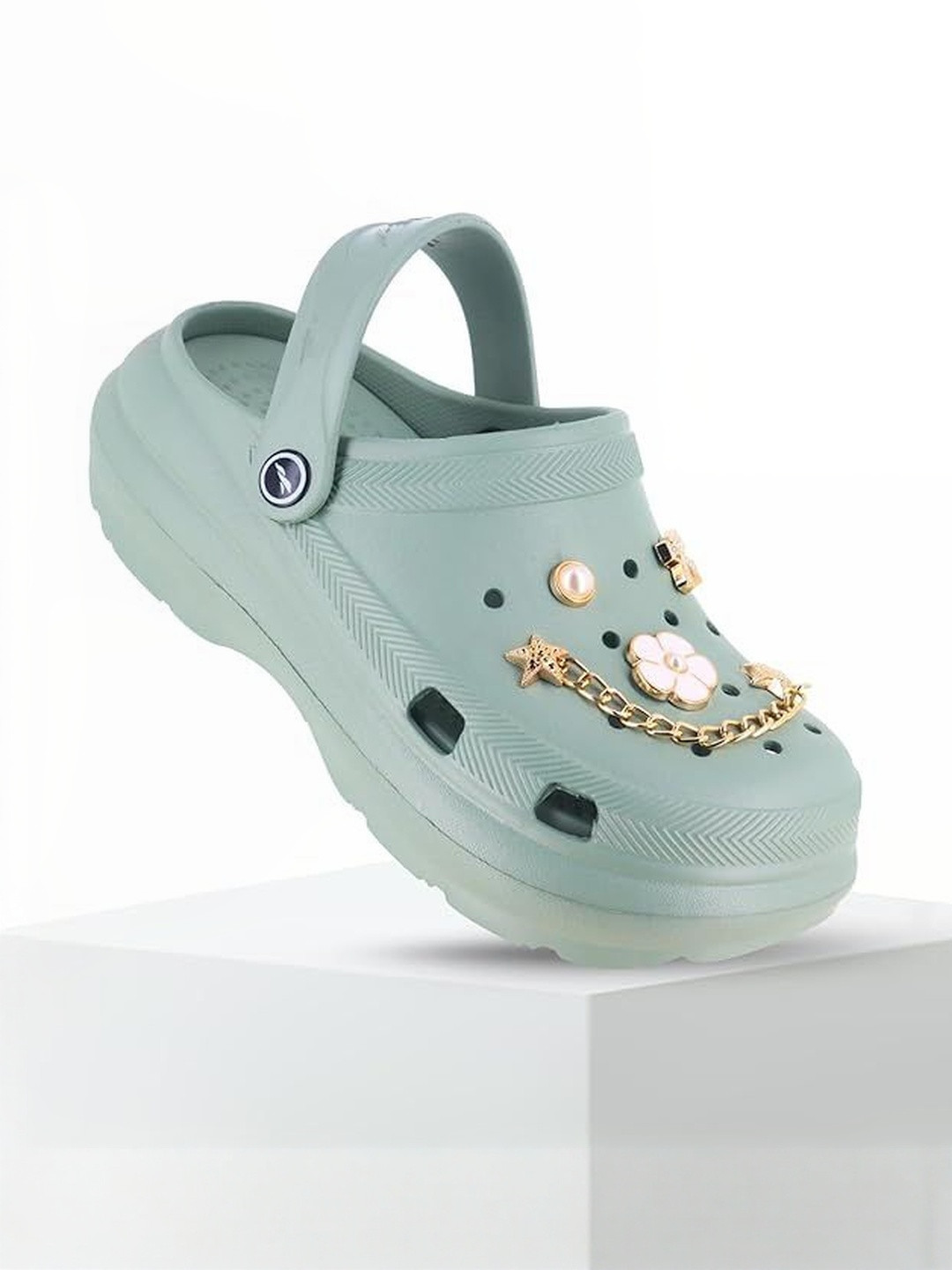 FLITE Women Sage Green Rubber Embellished Clogs