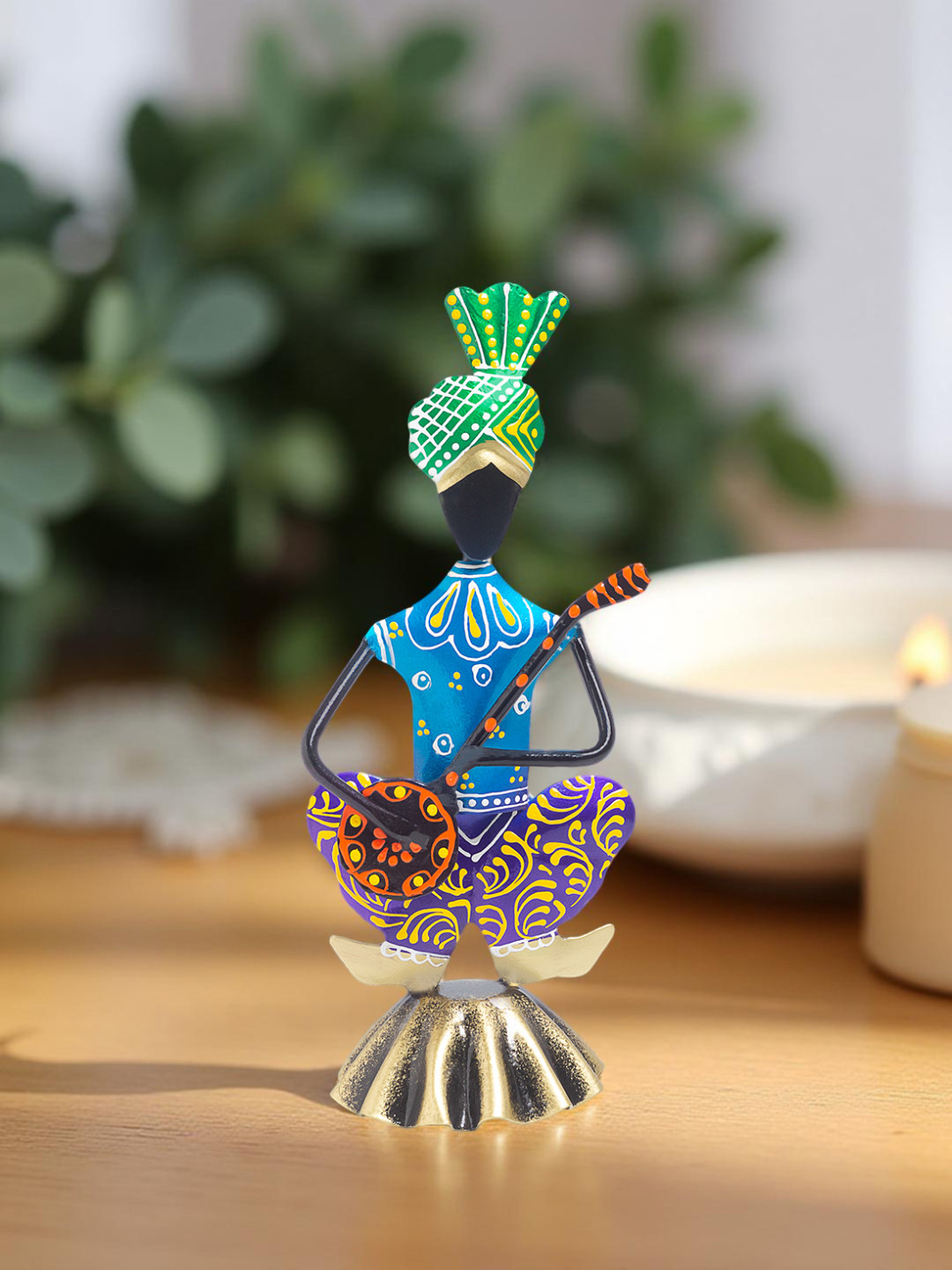 Golden Peacock Tribal Blue Metal Metallic Living Room Hand-Crafted Medium Showpiece - 8.3 Inches