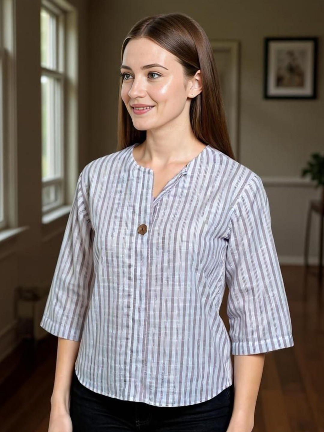 all about you Women Linen Vertical Striped Casual Top