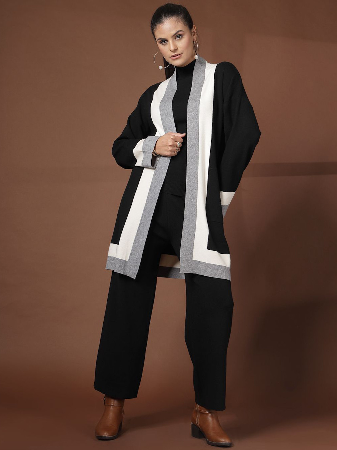 Mafadeny Mock Neck Top And Trousers with Colorblock Cardigan