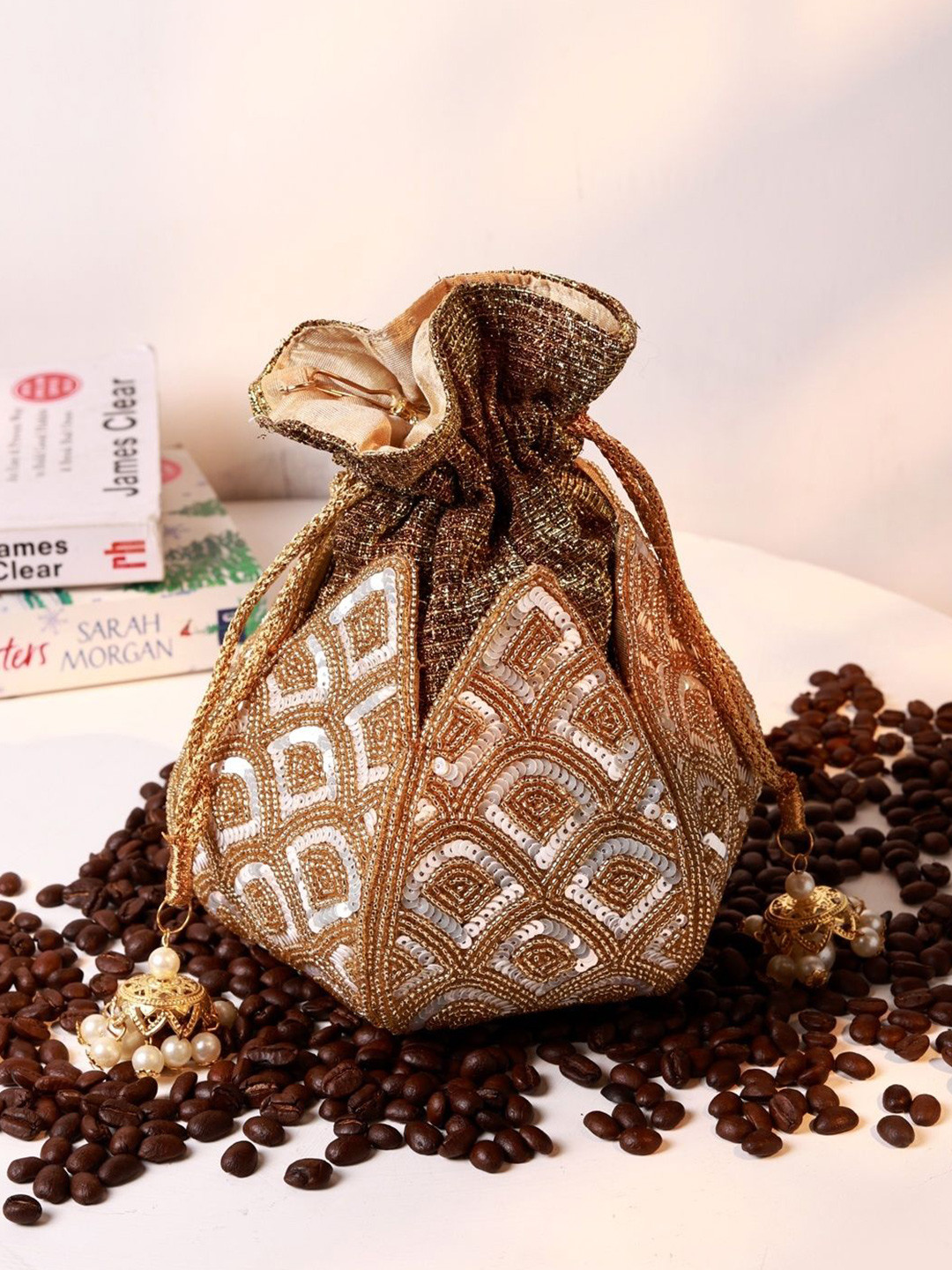 THE TAN CLAN Embroidered Embellished Yana Pearls handle Lotus Potli Bag