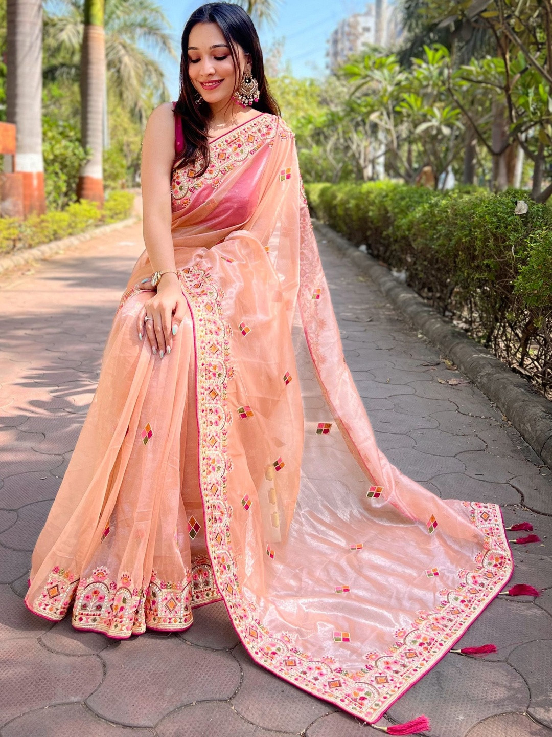 Anouk Rust Embroidered Tissue  Sarees