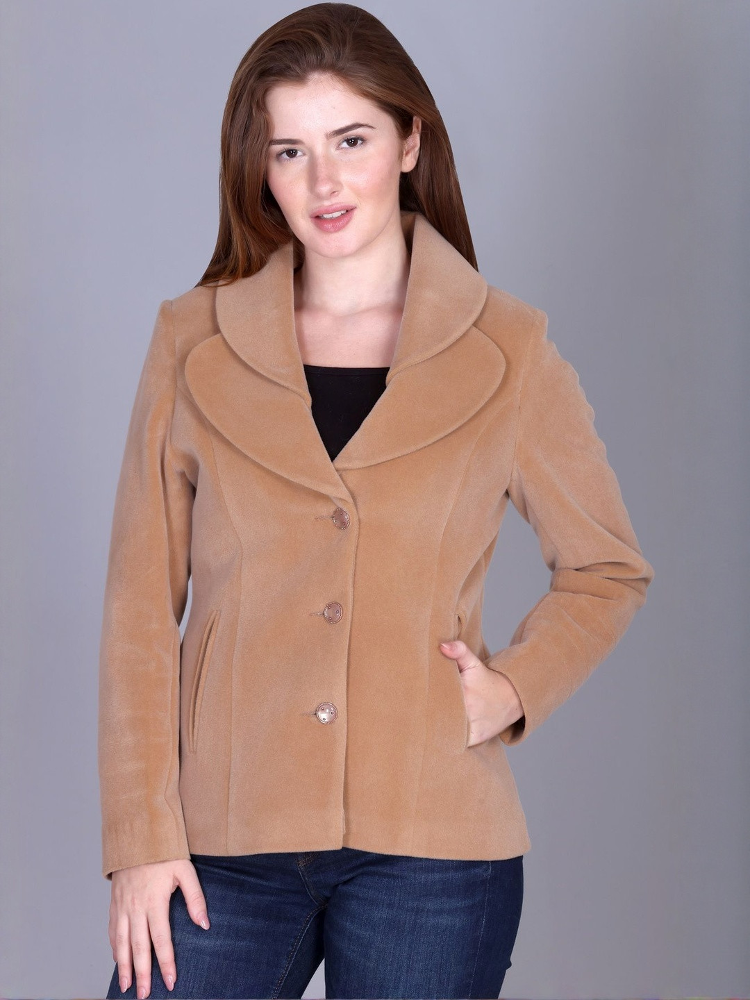 Womens Solid Camel Curved Lapel Collar Short Coat