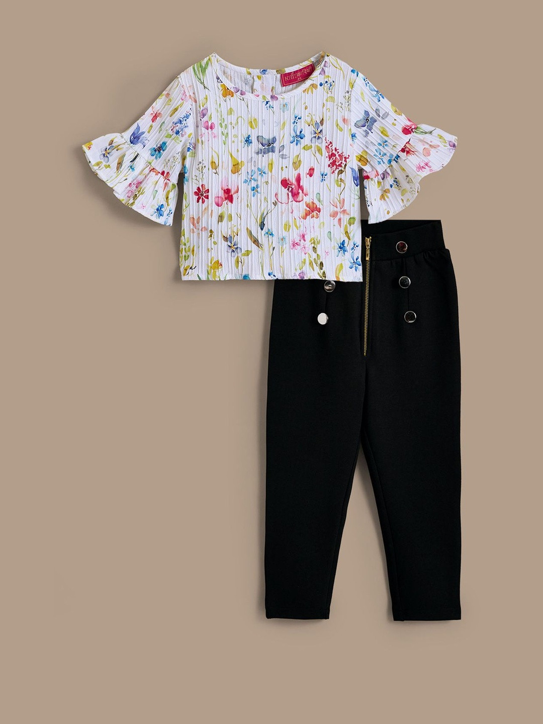 Hopscotch Girls Cotton Blend 2 Piece Textured Bloom Pant Set