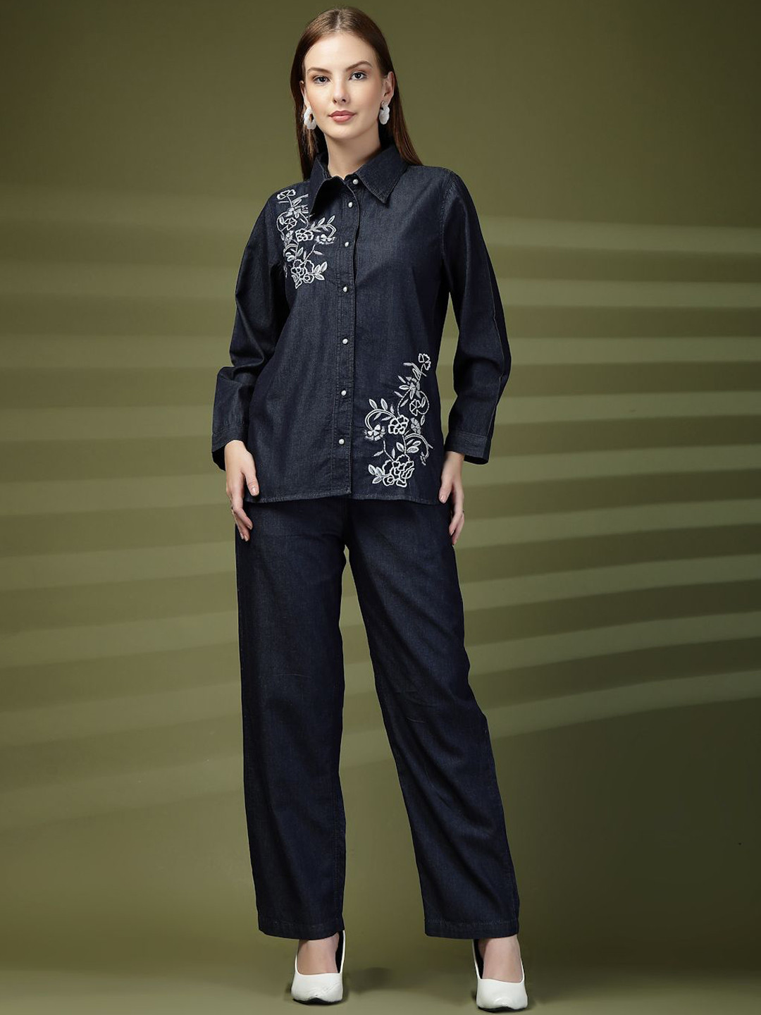 COSMIC TRIO Embroidered Pure Cotton Denim Shirt With Trousers