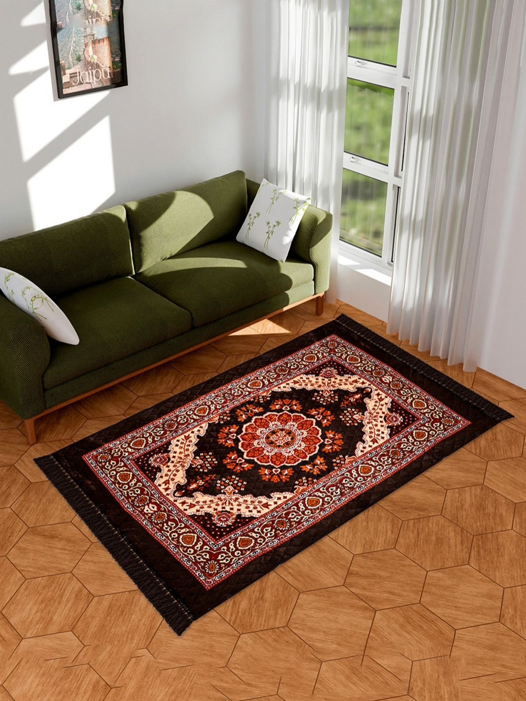 Aura Borwn & Black Ethnic Motifs Printed Anti-Skid Velvet Carpet