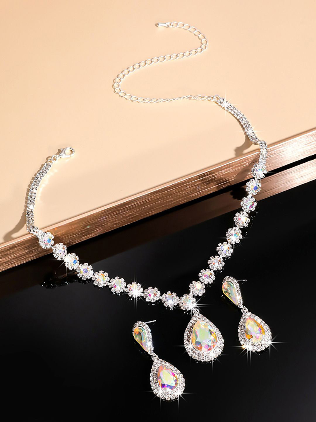 Peora Silver Plated CZ & Crystal Studded Teardrop Tassel Necklace With Drop Earrings