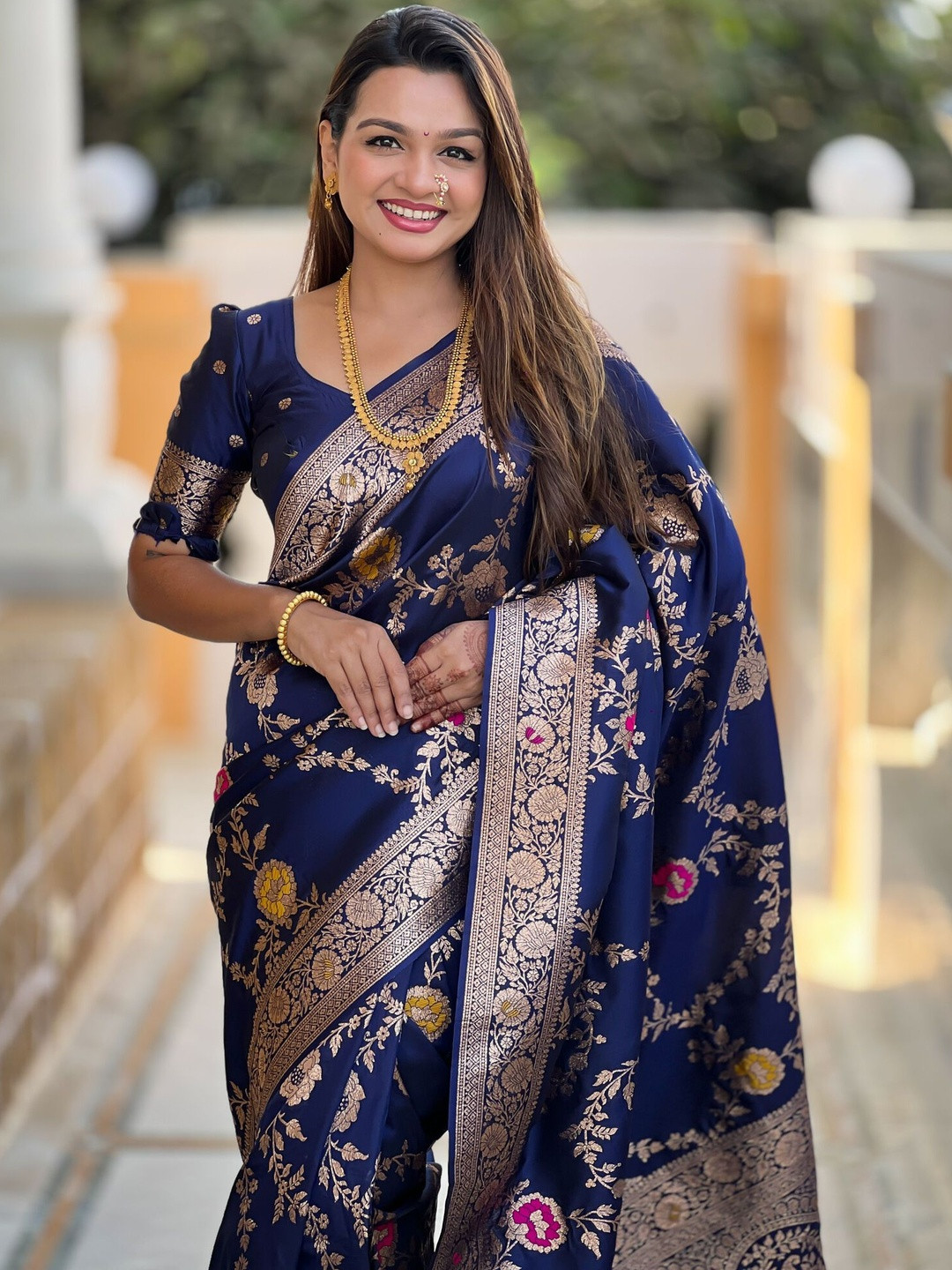 HERE&NOW Navy Blue Woven Design Art Silk Banarasi Sarees