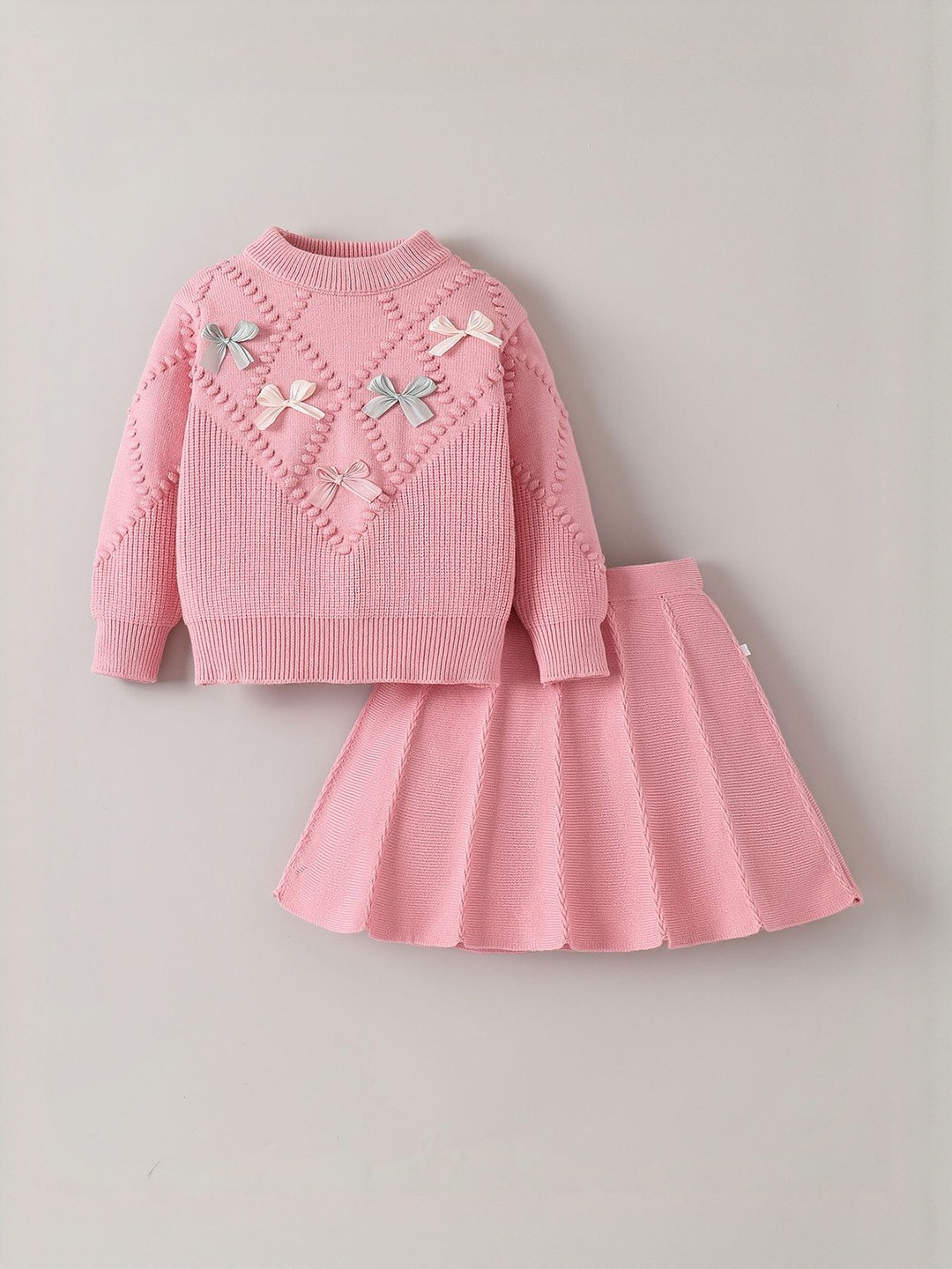 Hopscotch Girls 2 Pcs Pink Bow Embellished Woolen Sweatshirt & Skirt Set