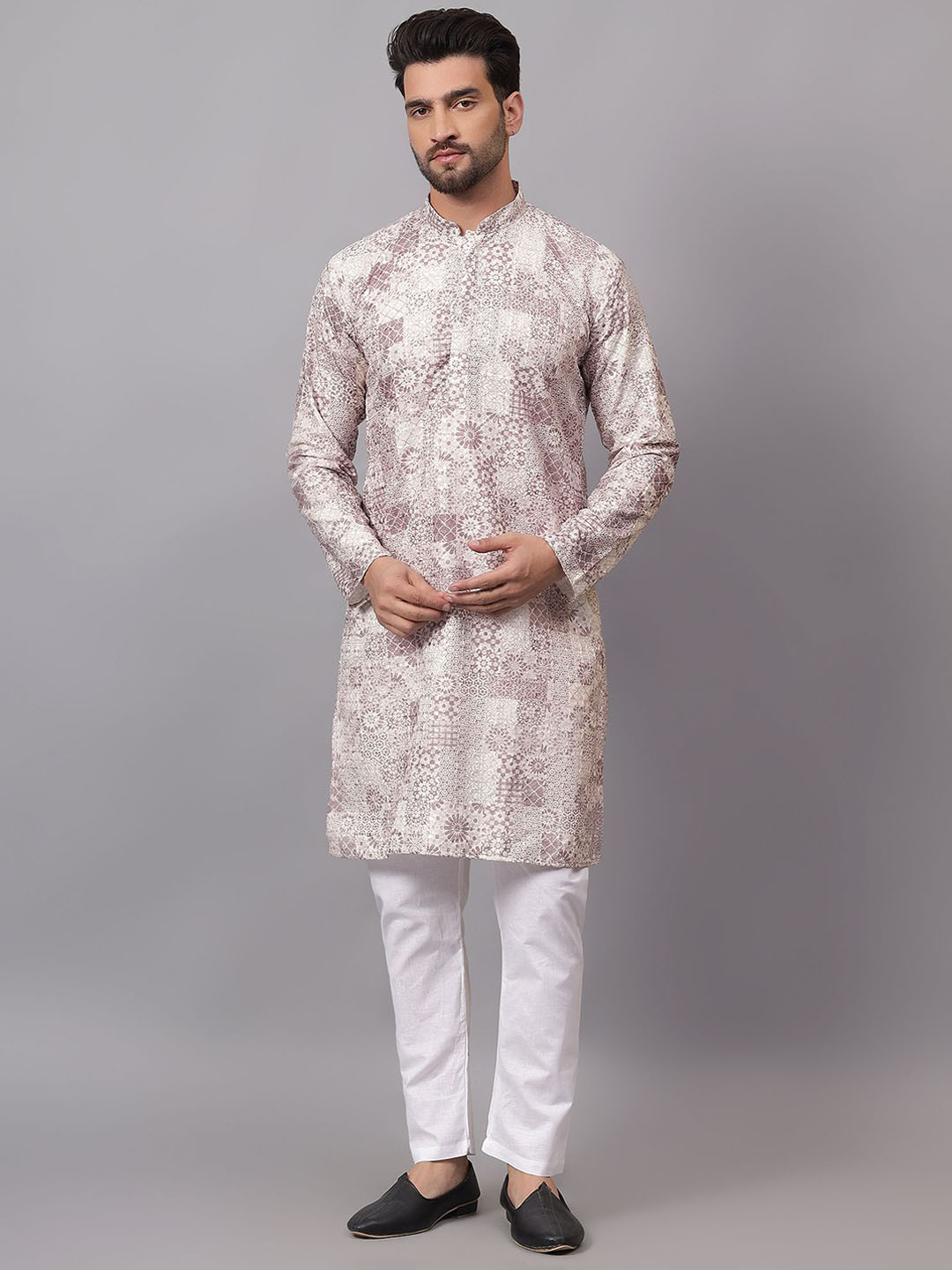 RARE CAMEL Floral Embroidered Mandarin Collar Thread Work Kurta With Pyjamas