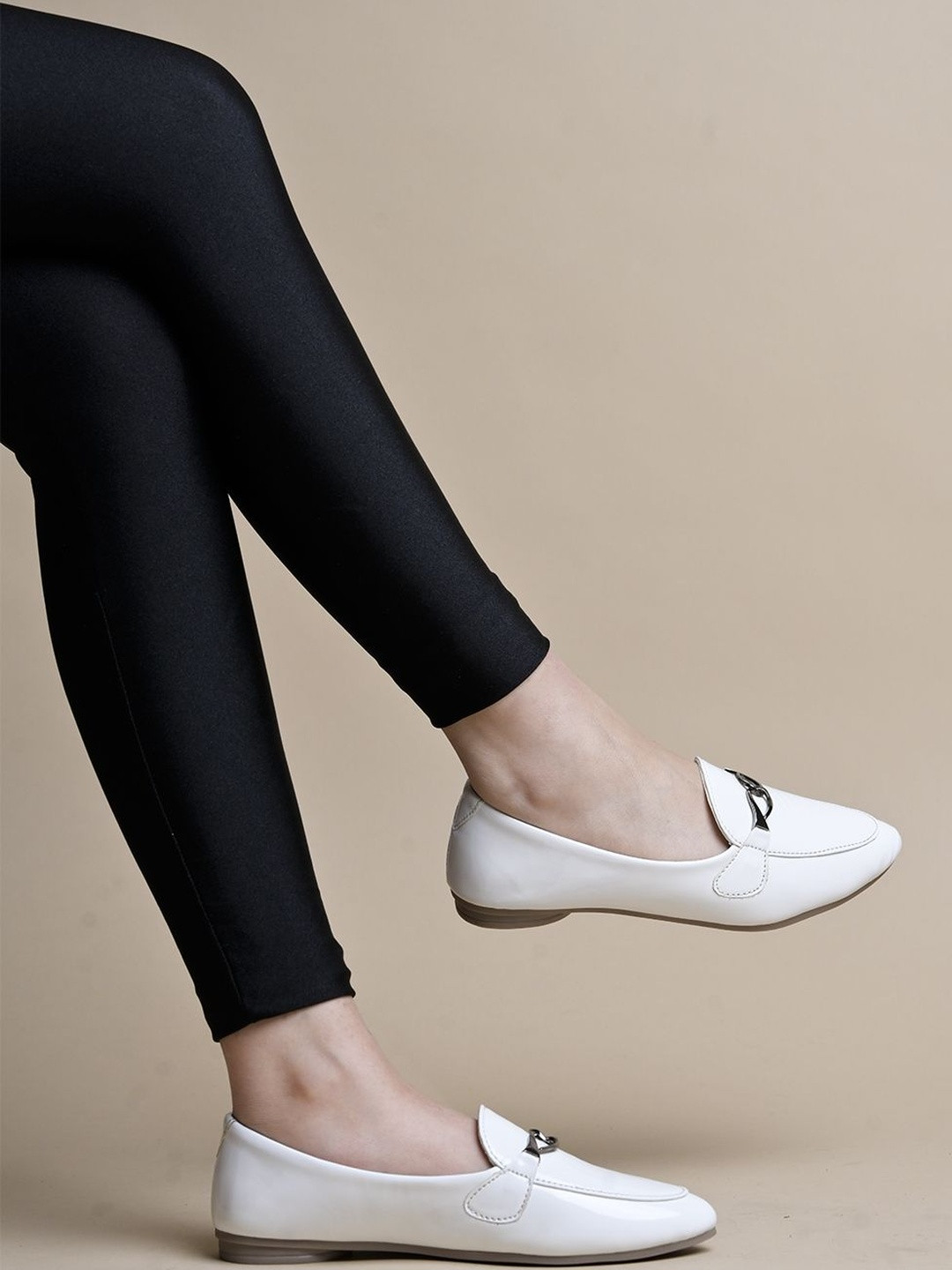 Stylestry Women White Solid Loafers with Buckle Detail