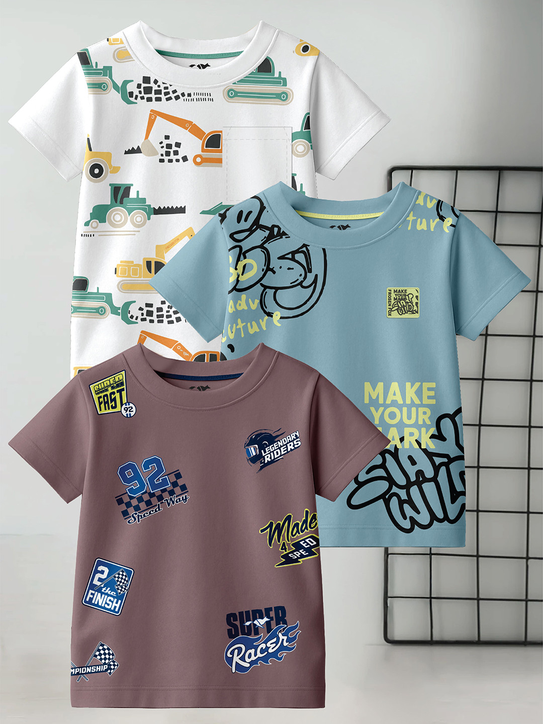 FROSEN FOX Boys Pack of 3 Conversational Printed Round Neck Pure Cotton T-shirts