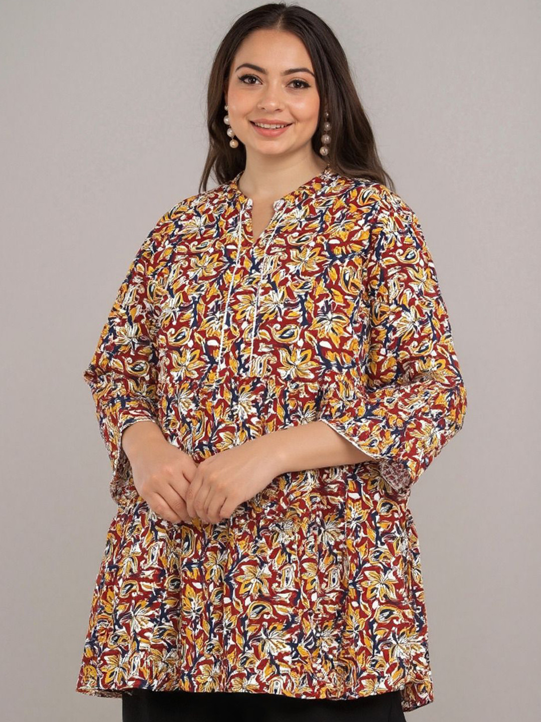 Fashion Zest Floral Printed Plus Size Mandarin Collar Kurti