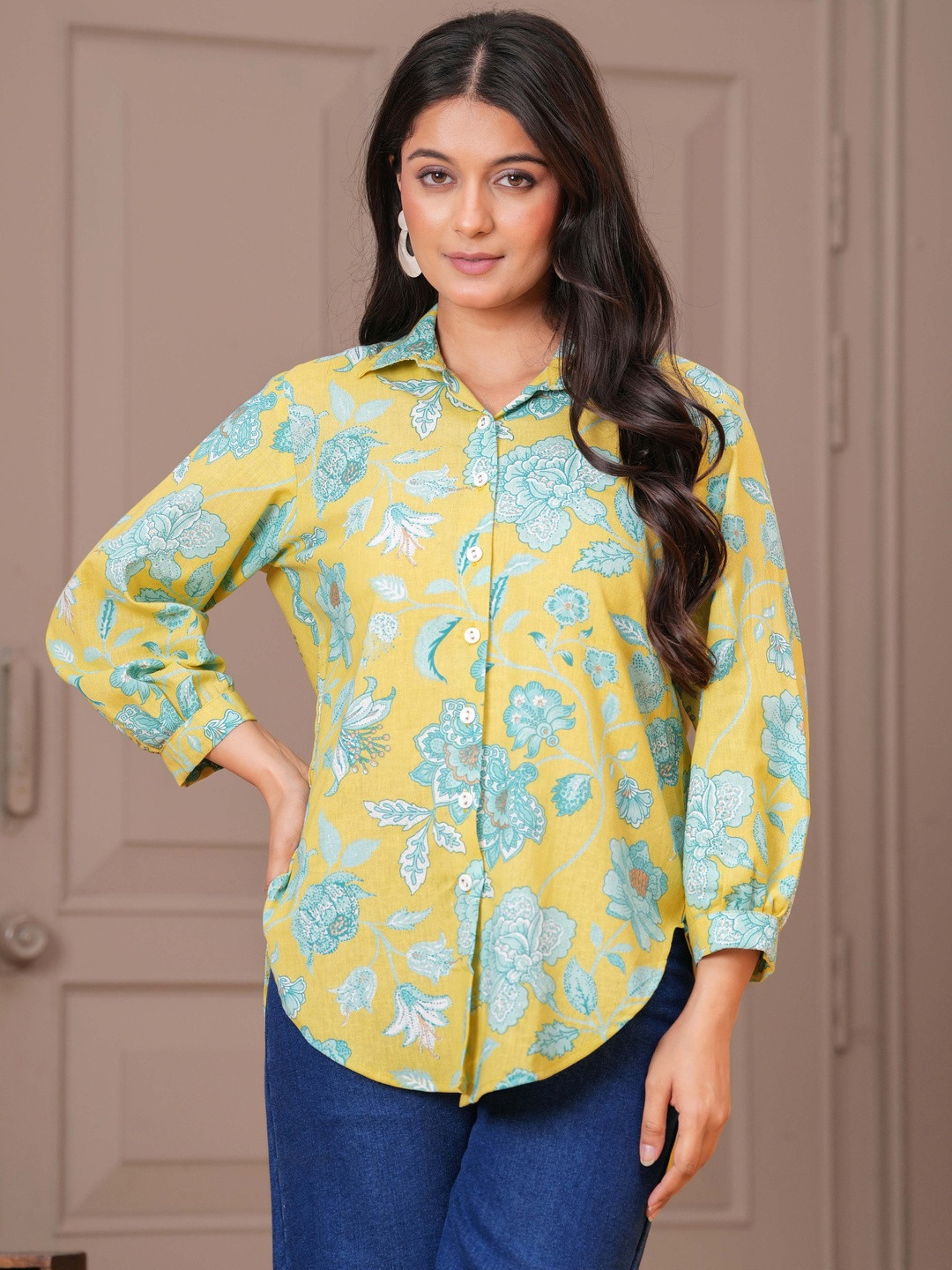 KALINI Women Green Printed Khadi  Casual Shirts