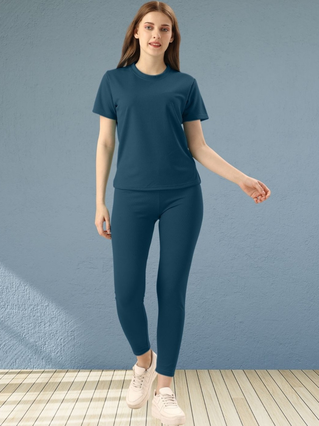 Moda Rapido Women Teal Blue Cotton Lycra Blend Styled With Solid Lining Tracksuit Co-ord