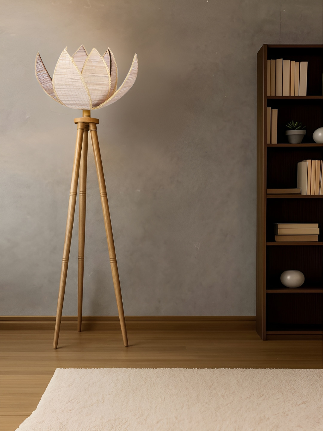 Devansh Beige & Brown Wooden & Cotton Rose Bamboo Floor Lamp