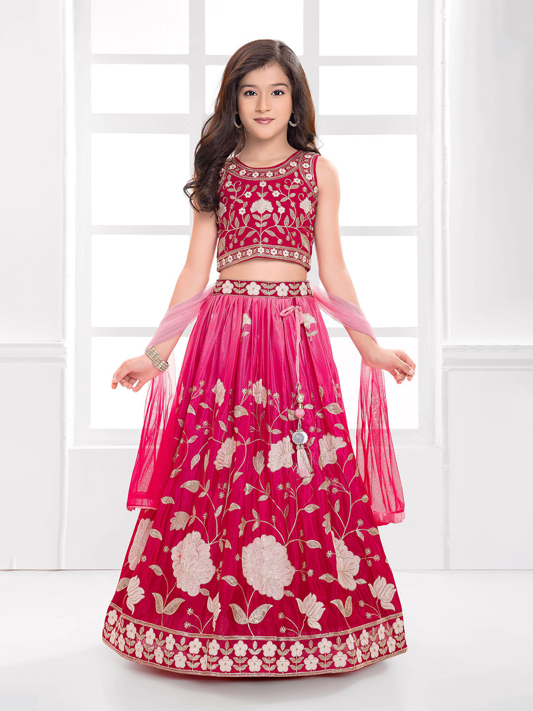 Ministitch Chinon Woven Thread Work Embroidered Silk Lehenga Choli With Dupatta